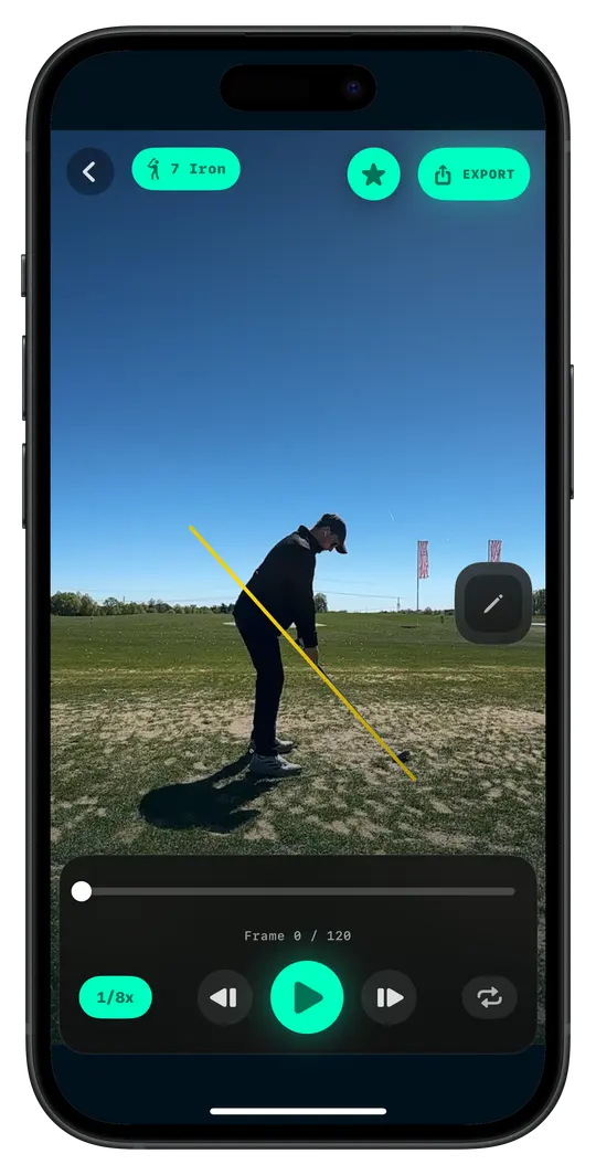 Frame-by-frame slow motion golf swing playback in SWNG app with drawing tools