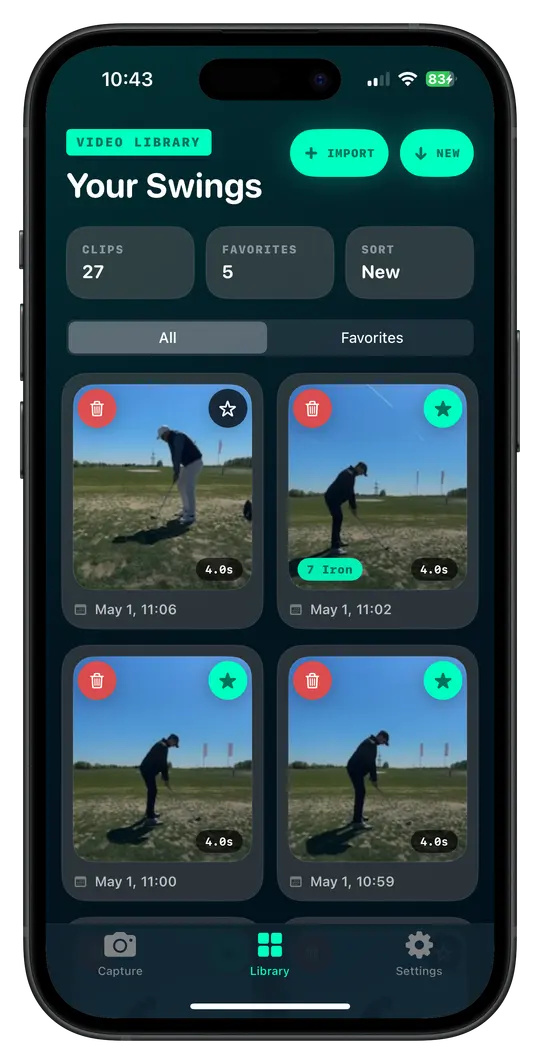 SWNG swing library showing saved golf swings tagged by club